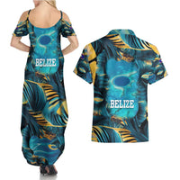 Belize Blue Hole Ocean View Couples Matching Summer Maxi Dress and Hawaiian Shirt with Tropical Marine Design and Flag Detail