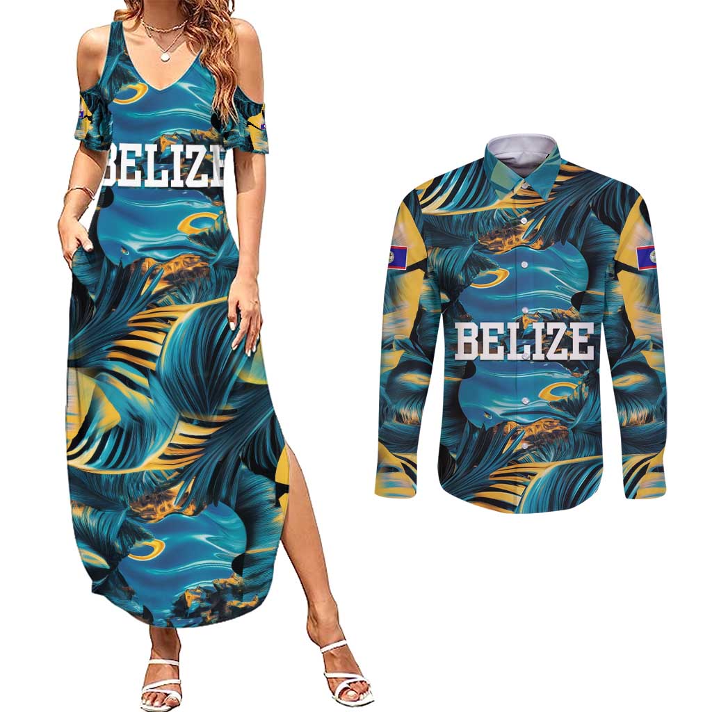 Belize Blue Hole Ocean View Couples Matching Summer Maxi Dress and Long Sleeve Button Shirt with Tropical Marine Design and Flag Detail