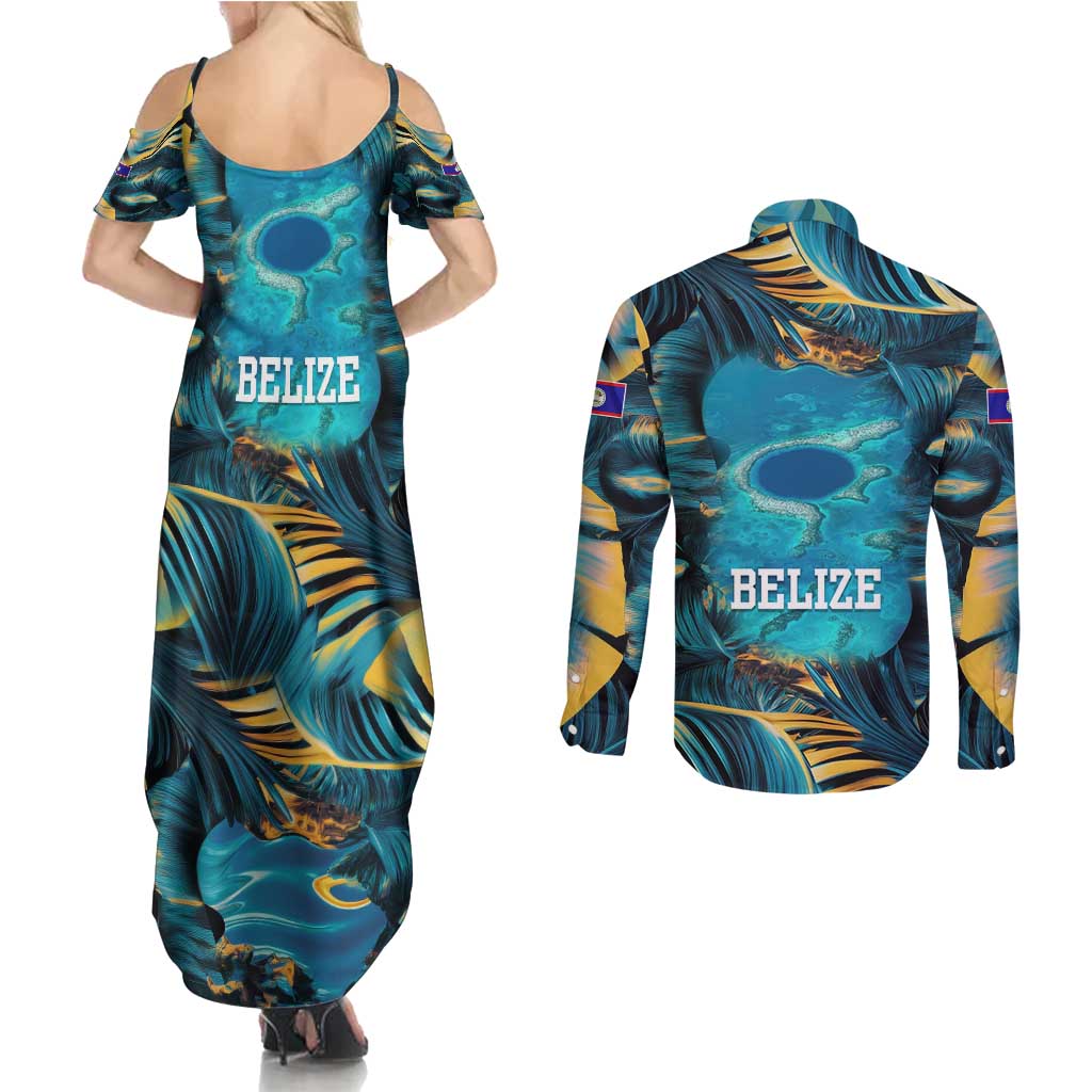 Belize Blue Hole Ocean View Couples Matching Summer Maxi Dress and Long Sleeve Button Shirt with Tropical Marine Design and Flag Detail