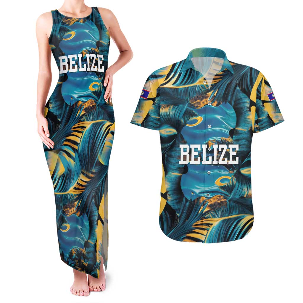 Belize Blue Hole Ocean View Couples Matching Tank Maxi Dress and Hawaiian Shirt with Tropical Marine Design and Flag Detail