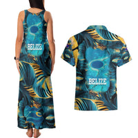 Belize Blue Hole Ocean View Couples Matching Tank Maxi Dress and Hawaiian Shirt with Tropical Marine Design and Flag Detail