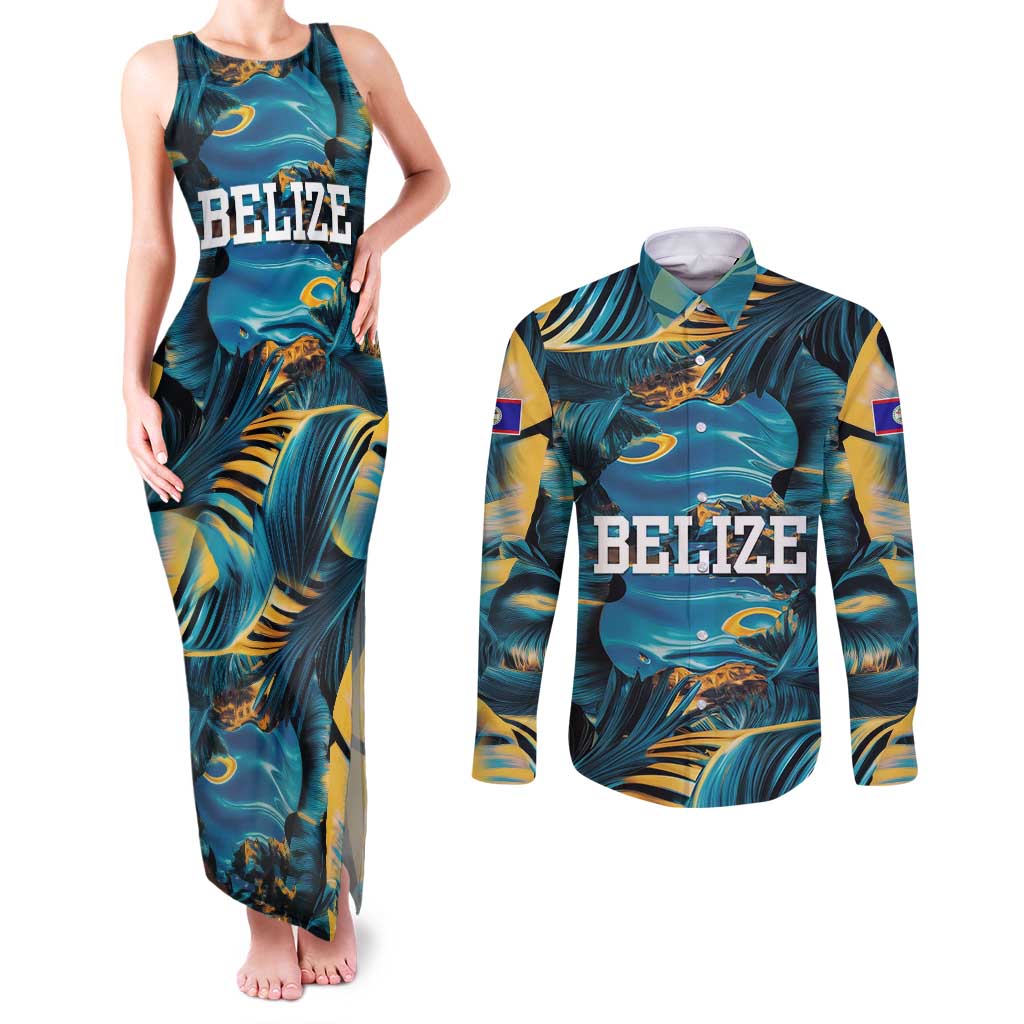 Belize Blue Hole Ocean View Couples Matching Tank Maxi Dress and Long Sleeve Button Shirt with Tropical Marine Design and Flag Detail