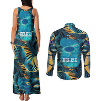 Belize Blue Hole Ocean View Couples Matching Tank Maxi Dress and Long Sleeve Button Shirt with Tropical Marine Design and Flag Detail