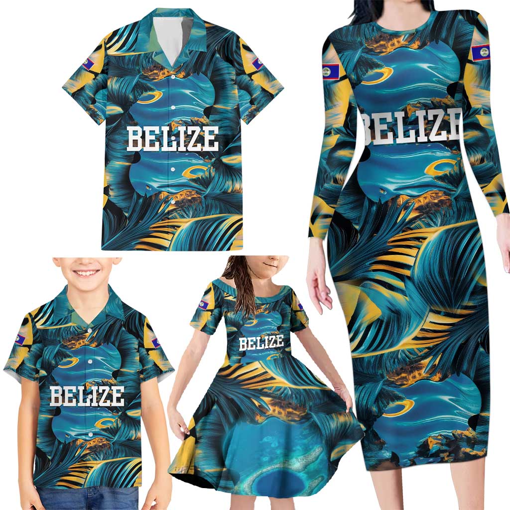 Belize Blue Hole Ocean View Family Matching Long Sleeve Bodycon Dress and Hawaiian Shirt with Tropical Marine Design and Flag Detail