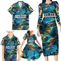Belize Blue Hole Ocean View Family Matching Long Sleeve Bodycon Dress and Hawaiian Shirt with Tropical Marine Design and Flag Detail
