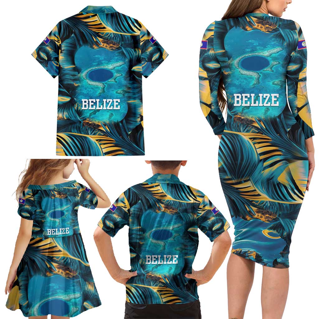 Belize Blue Hole Ocean View Family Matching Long Sleeve Bodycon Dress and Hawaiian Shirt with Tropical Marine Design and Flag Detail