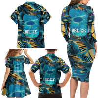 Belize Blue Hole Ocean View Family Matching Long Sleeve Bodycon Dress and Hawaiian Shirt with Tropical Marine Design and Flag Detail
