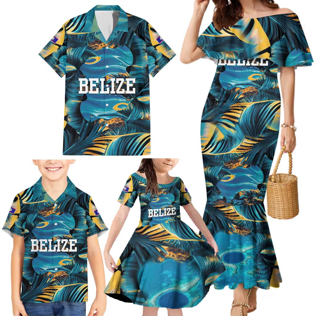Belize Blue Hole Ocean View Family Matching Mermaid Dress and Hawaiian Shirt with Tropical Marine Design and Flag Detail