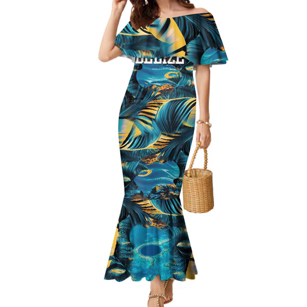 Belize Blue Hole Ocean View Family Matching Mermaid Dress and Hawaiian Shirt with Tropical Marine Design and Flag Detail
