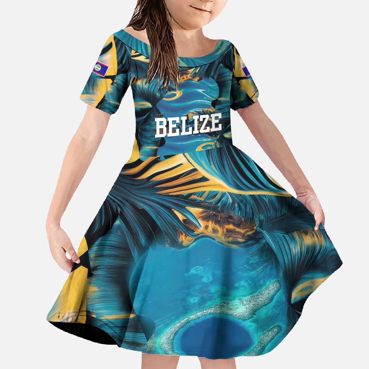 Belize Blue Hole Ocean View Family Matching Off The Shoulder Long Sleeve Dress and Hawaiian Shirt with Tropical Marine Design and Flag Detail