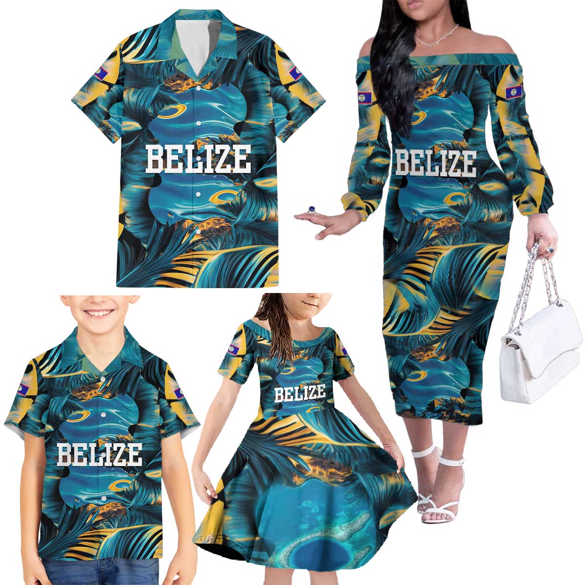 Belize Blue Hole Ocean View Family Matching Off The Shoulder Long Sleeve Dress and Hawaiian Shirt with Tropical Marine Design and Flag Detail