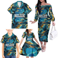 Belize Blue Hole Ocean View Family Matching Off The Shoulder Long Sleeve Dress and Hawaiian Shirt with Tropical Marine Design and Flag Detail