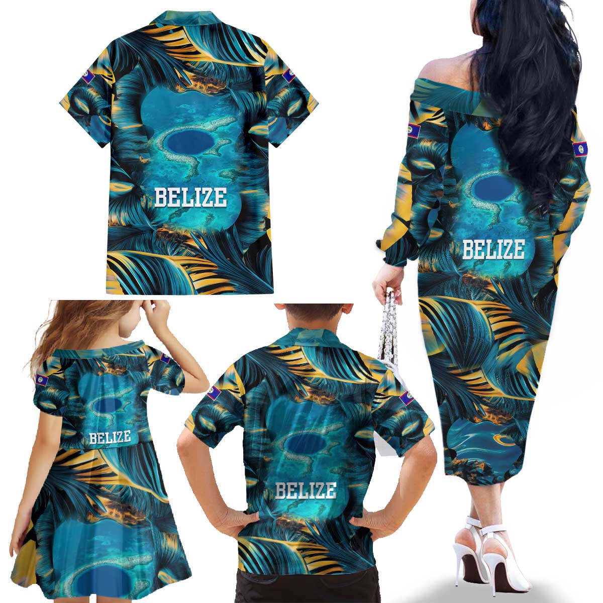 Belize Blue Hole Ocean View Family Matching Off The Shoulder Long Sleeve Dress and Hawaiian Shirt with Tropical Marine Design and Flag Detail