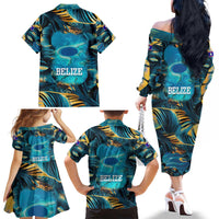 Belize Blue Hole Ocean View Family Matching Off The Shoulder Long Sleeve Dress and Hawaiian Shirt with Tropical Marine Design and Flag Detail