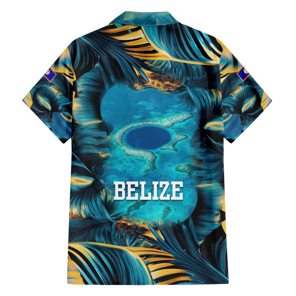 Belize Blue Hole Ocean View Family Matching Off The Shoulder Long Sleeve Dress and Hawaiian Shirt with Tropical Marine Design and Flag Detail