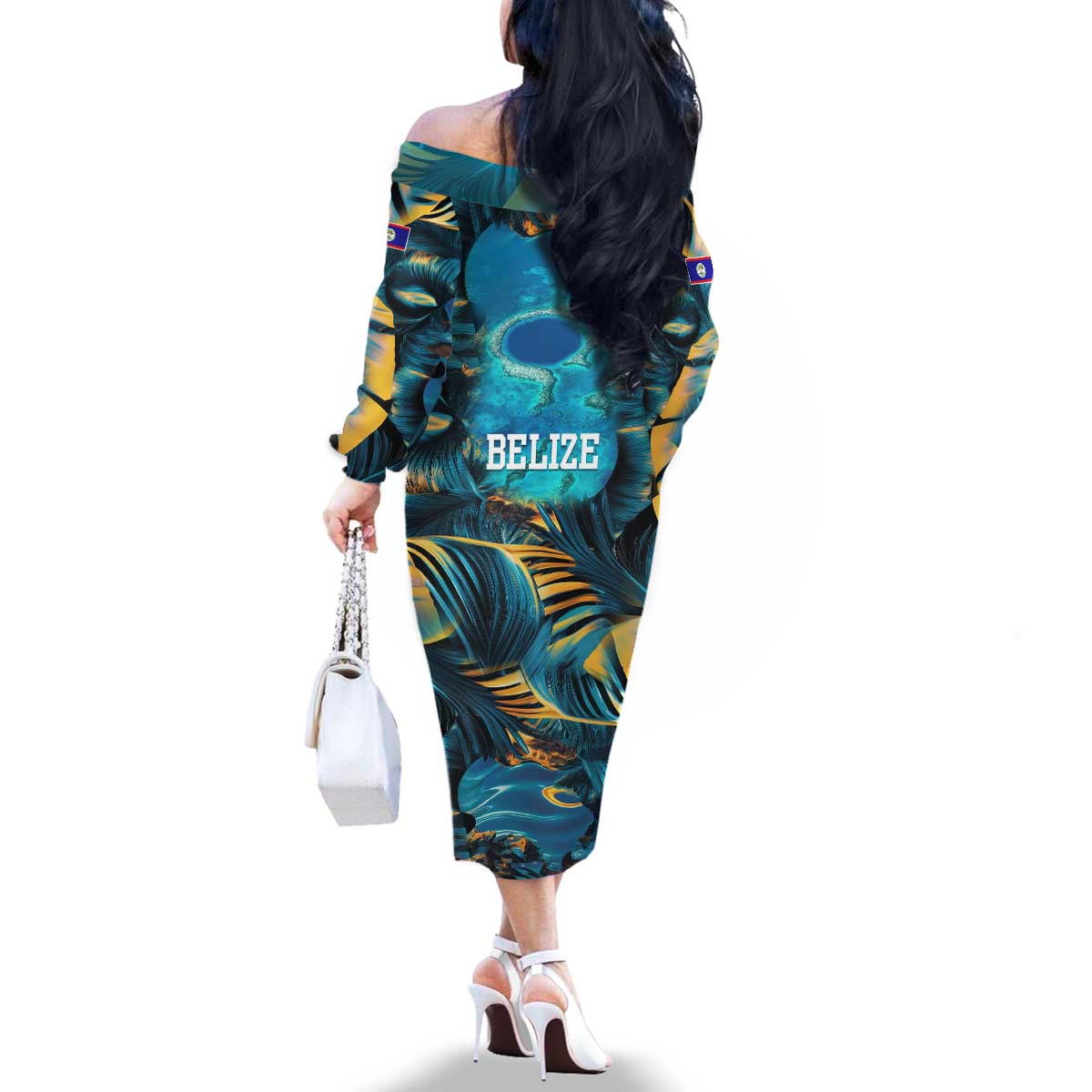 Belize Blue Hole Ocean View Family Matching Off The Shoulder Long Sleeve Dress and Hawaiian Shirt with Tropical Marine Design and Flag Detail
