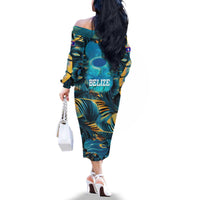 Belize Blue Hole Ocean View Family Matching Off The Shoulder Long Sleeve Dress and Hawaiian Shirt with Tropical Marine Design and Flag Detail