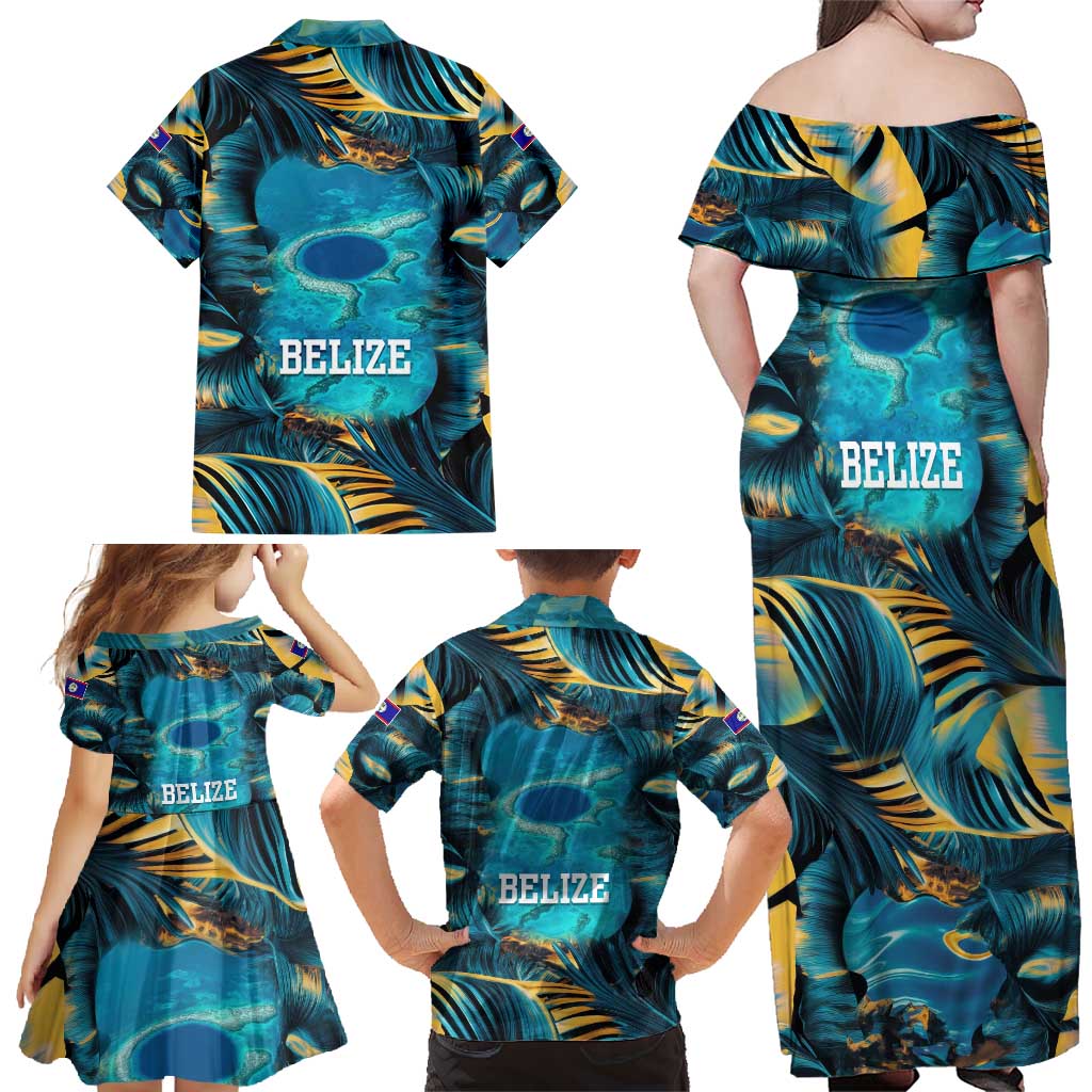 Belize Blue Hole Ocean View Family Matching Off Shoulder Maxi Dress and Hawaiian Shirt with Tropical Marine Design and Flag Detail