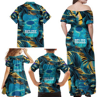 Belize Blue Hole Ocean View Family Matching Off Shoulder Maxi Dress and Hawaiian Shirt with Tropical Marine Design and Flag Detail