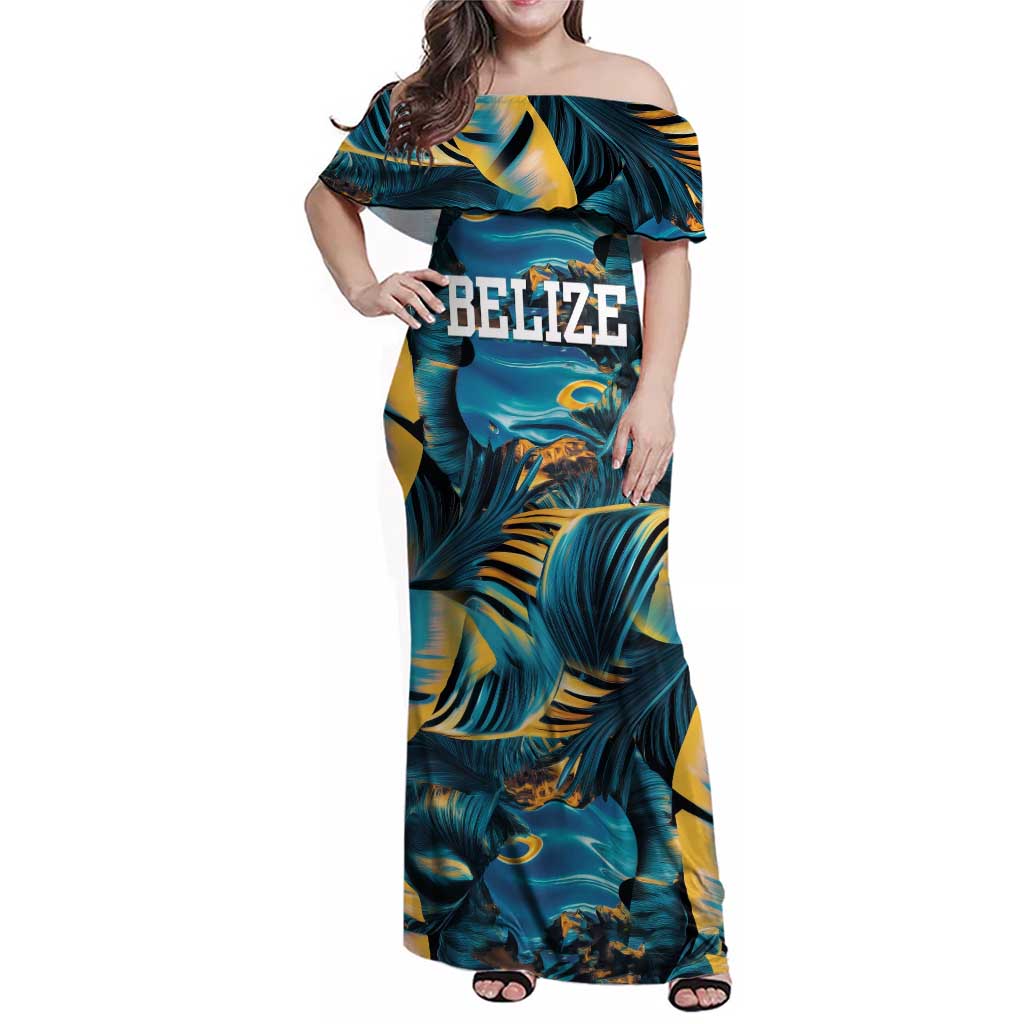 Belize Blue Hole Ocean View Family Matching Off Shoulder Maxi Dress and Hawaiian Shirt with Tropical Marine Design and Flag Detail