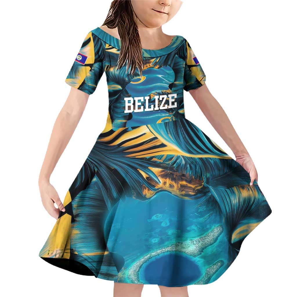 Belize Blue Hole Ocean View Family Matching Off Shoulder Short Dress and Hawaiian Shirt with Tropical Marine Design and Flag Detail