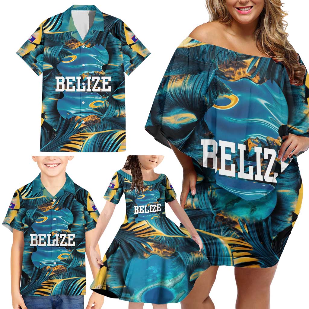 Belize Blue Hole Ocean View Family Matching Off Shoulder Short Dress and Hawaiian Shirt with Tropical Marine Design and Flag Detail