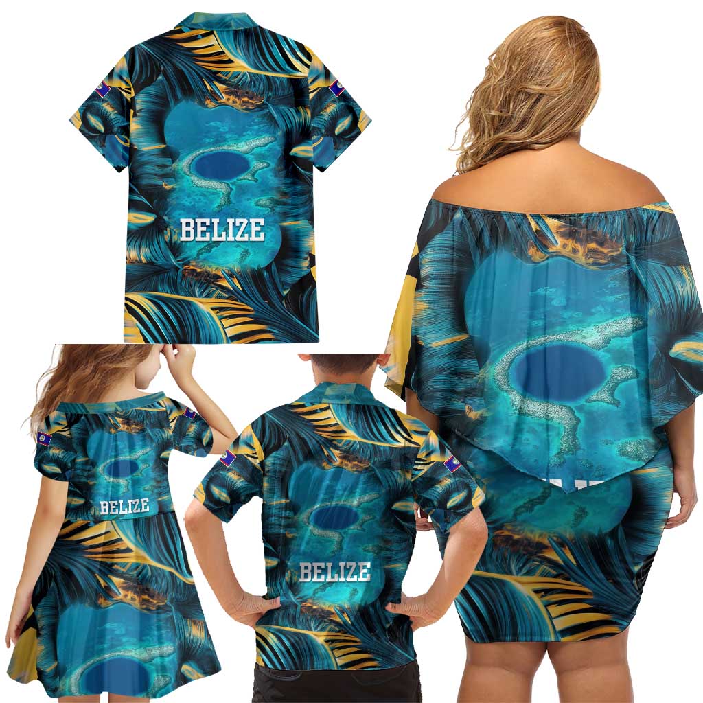 Belize Blue Hole Ocean View Family Matching Off Shoulder Short Dress and Hawaiian Shirt with Tropical Marine Design and Flag Detail
