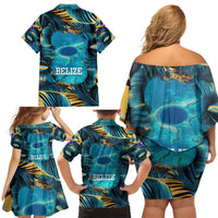 Belize Blue Hole Ocean View Family Matching Off Shoulder Short Dress and Hawaiian Shirt with Tropical Marine Design and Flag Detail