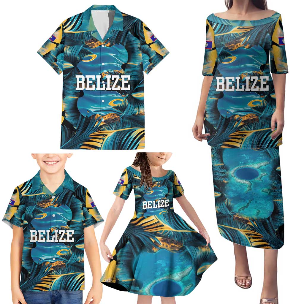 Belize Blue Hole Ocean View Family Matching Puletasi and Hawaiian Shirt with Tropical Marine Design and Flag Detail