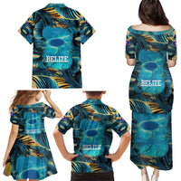 Belize Blue Hole Ocean View Family Matching Puletasi and Hawaiian Shirt with Tropical Marine Design and Flag Detail