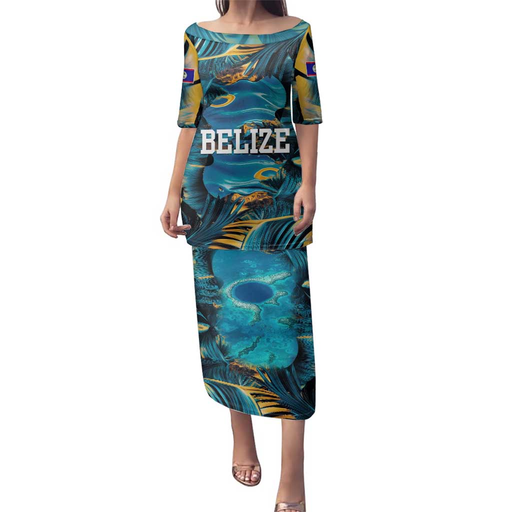 Belize Blue Hole Ocean View Family Matching Puletasi and Hawaiian Shirt with Tropical Marine Design and Flag Detail