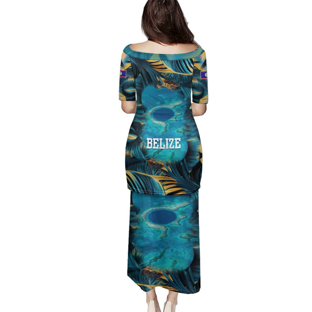 Belize Blue Hole Ocean View Family Matching Puletasi and Hawaiian Shirt with Tropical Marine Design and Flag Detail