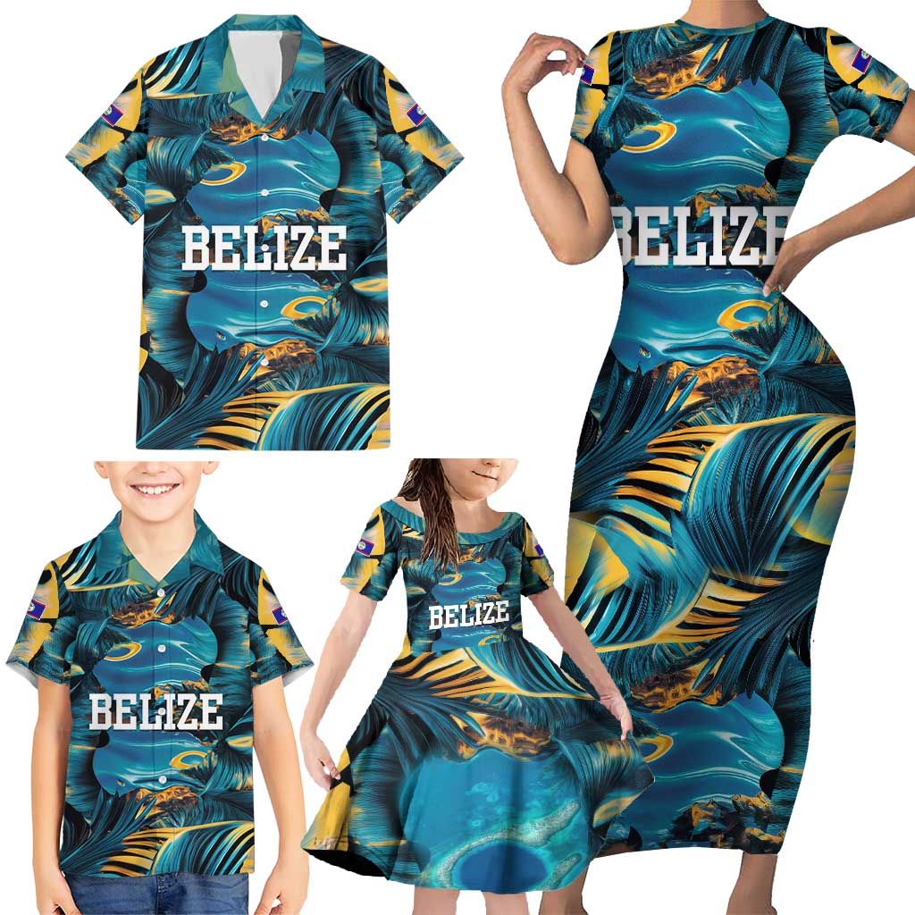 Belize Blue Hole Ocean View Family Matching Short Sleeve Bodycon Dress and Hawaiian Shirt with Tropical Marine Design and Flag Detail