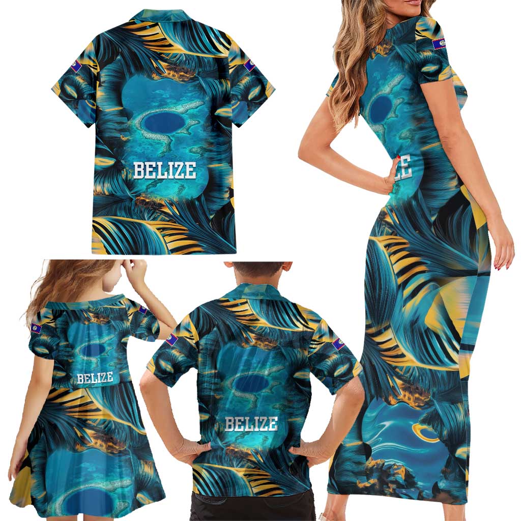 Belize Blue Hole Ocean View Family Matching Short Sleeve Bodycon Dress and Hawaiian Shirt with Tropical Marine Design and Flag Detail