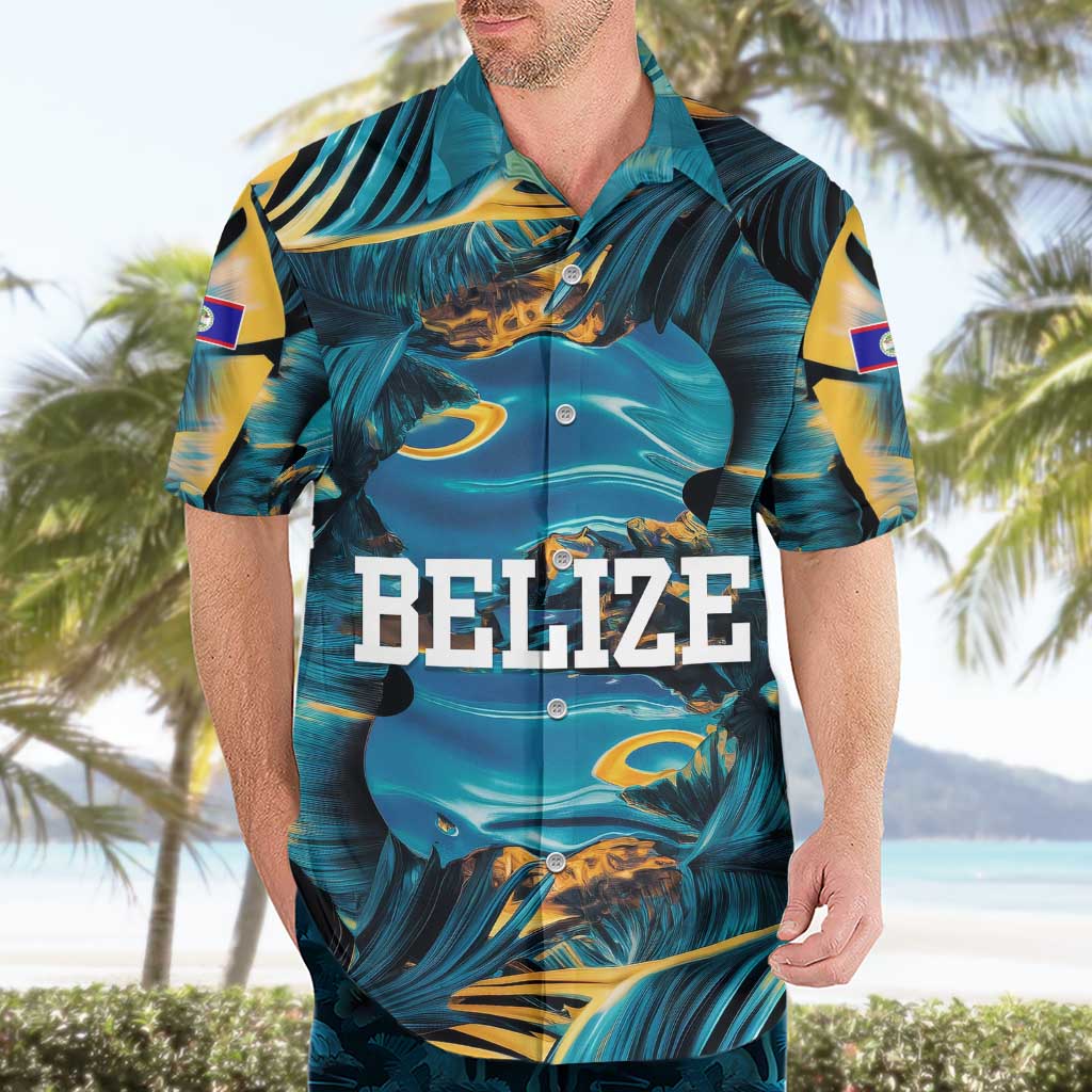 Belize Blue Hole Ocean View Hawaiian Shirt with Tropical Marine Design and Flag Detail
