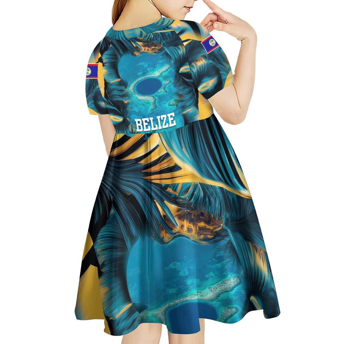 Belize Blue Hole Ocean View Kid Short Sleeve Dress with Tropical Marine Design and Flag Detail