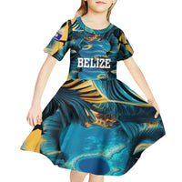Belize Blue Hole Ocean View Kid Short Sleeve Dress with Tropical Marine Design and Flag Detail