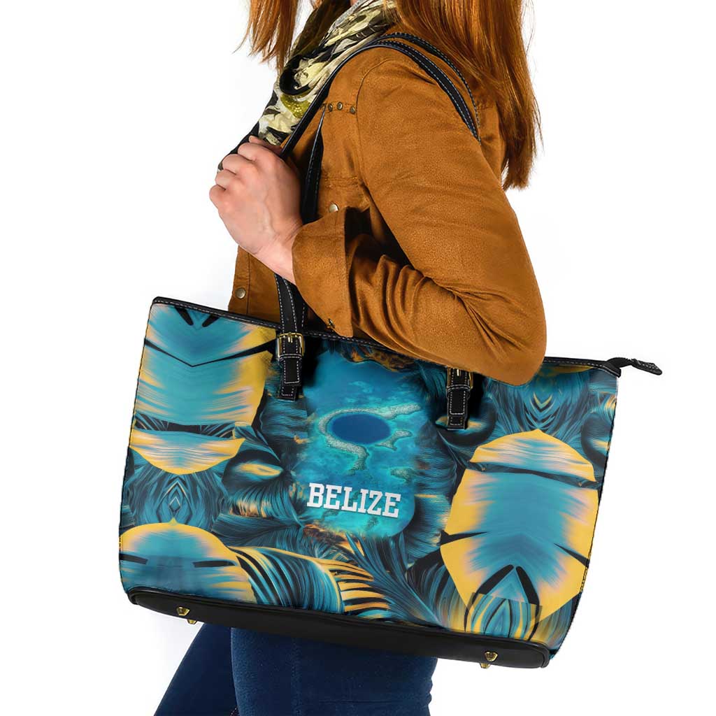 Belize Blue Hole Ocean View Leather Tote Bag with Tropical Marine Design and Flag Detail