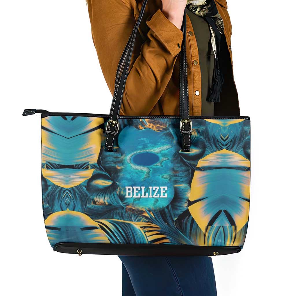 Belize Blue Hole Ocean View Leather Tote Bag with Tropical Marine Design and Flag Detail