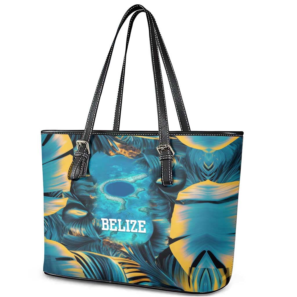 Belize Blue Hole Ocean View Leather Tote Bag with Tropical Marine Design and Flag Detail