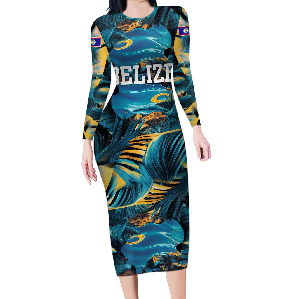 Belize Blue Hole Ocean View Long Sleeve Bodycon Dress with Tropical Marine Design and Flag Detail