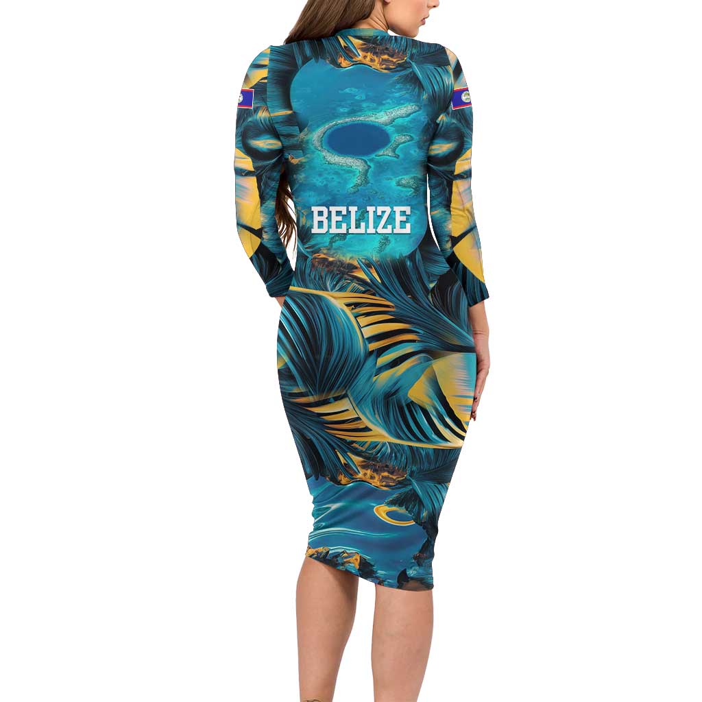 Belize Blue Hole Ocean View Long Sleeve Bodycon Dress with Tropical Marine Design and Flag Detail