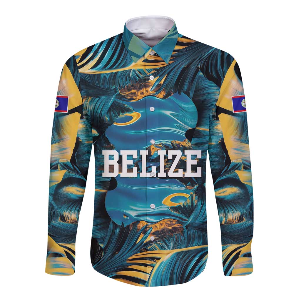 Belize Blue Hole Ocean View Long Sleeve Button Shirt with Tropical Marine Design and Flag Detail