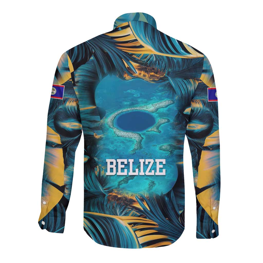 Belize Blue Hole Ocean View Long Sleeve Button Shirt with Tropical Marine Design and Flag Detail