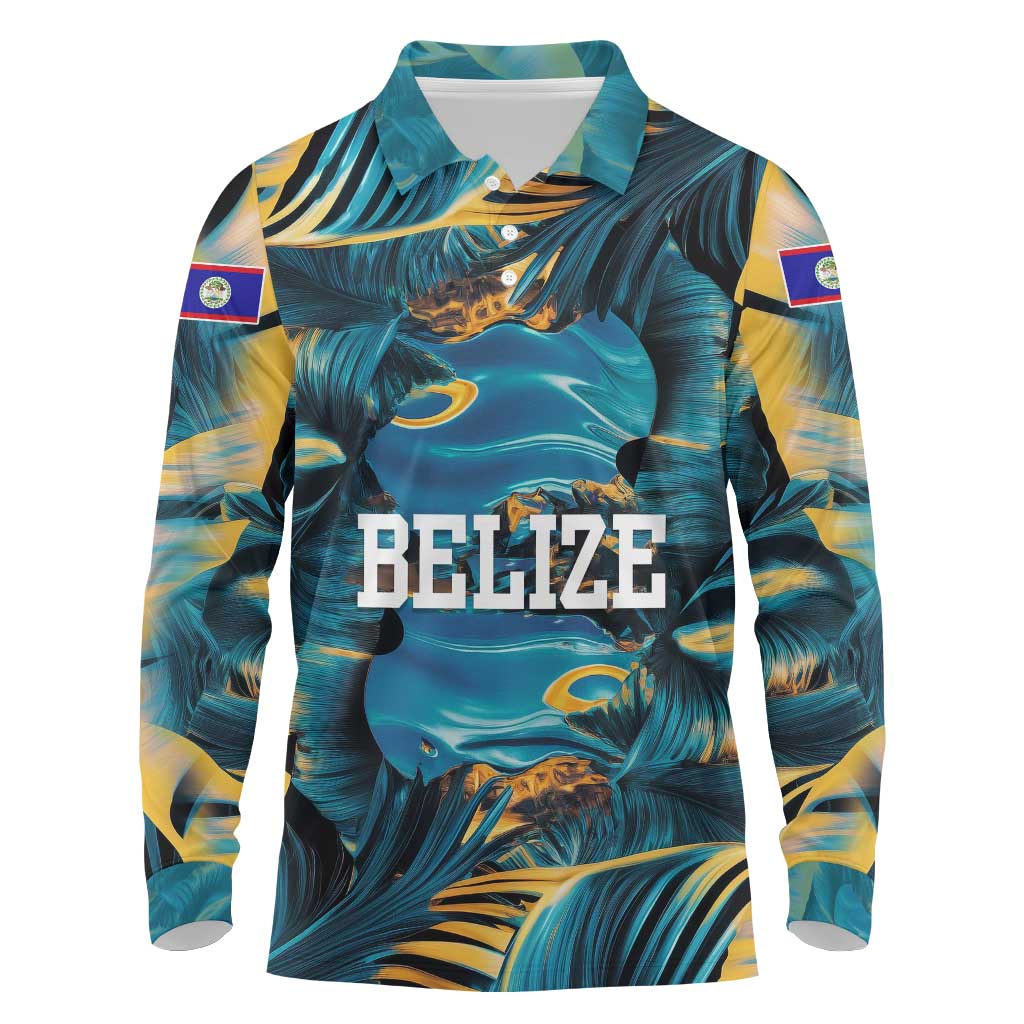 Belize Blue Hole Ocean View Long Sleeve Polo Shirt with Tropical Marine Design and Flag Detail
