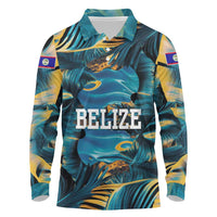 Belize Blue Hole Ocean View Long Sleeve Polo Shirt with Tropical Marine Design and Flag Detail