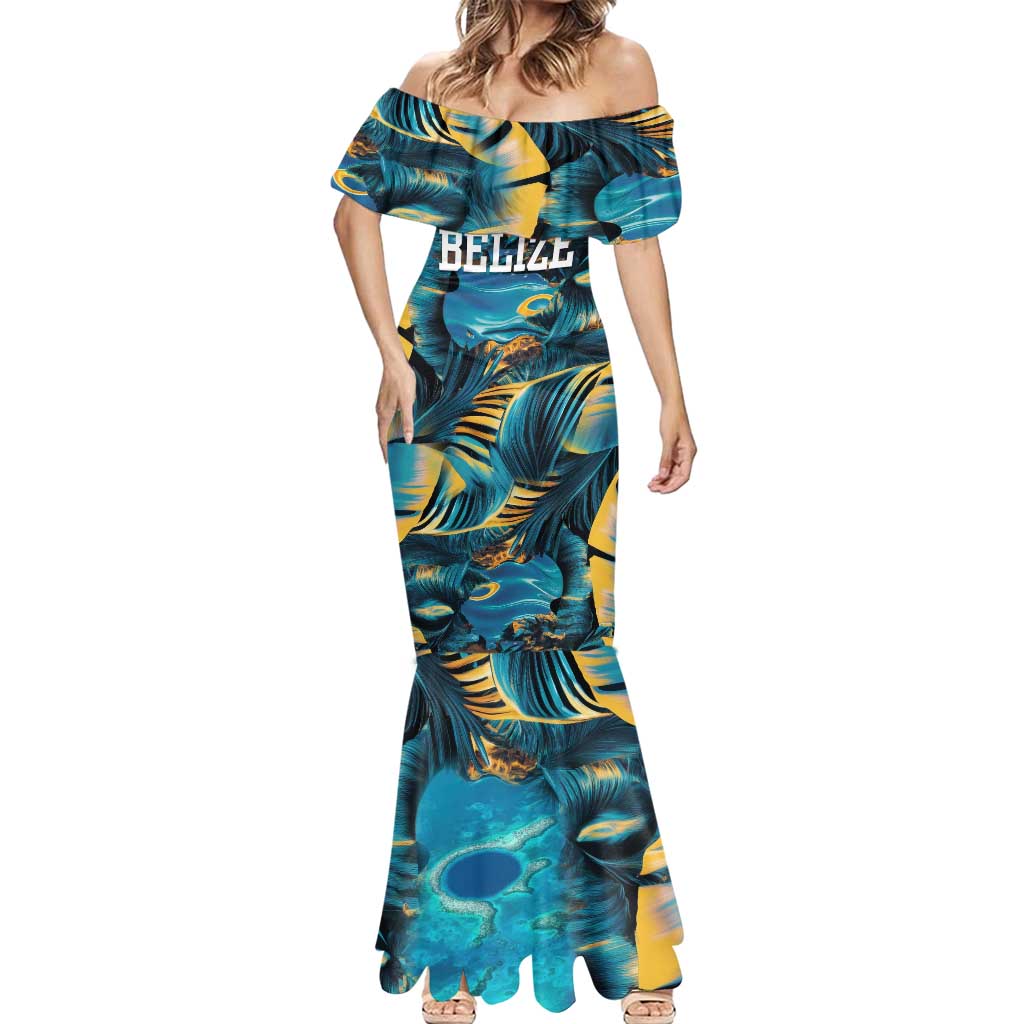 Belize Blue Hole Ocean View Mermaid Dress with Tropical Marine Design and Flag Detail