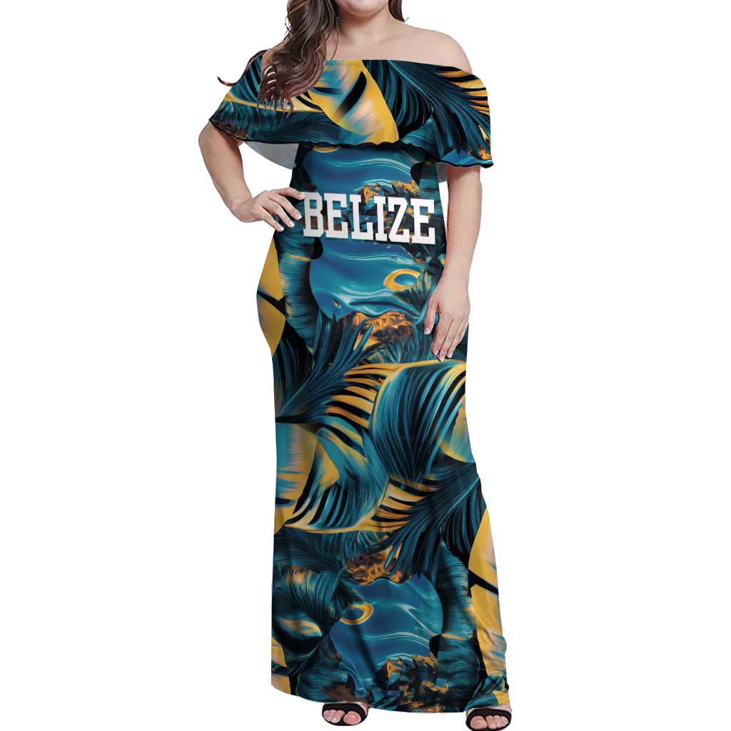 Belize Blue Hole Ocean View Off Shoulder Maxi Dress with Tropical Marine Design and Flag Detail