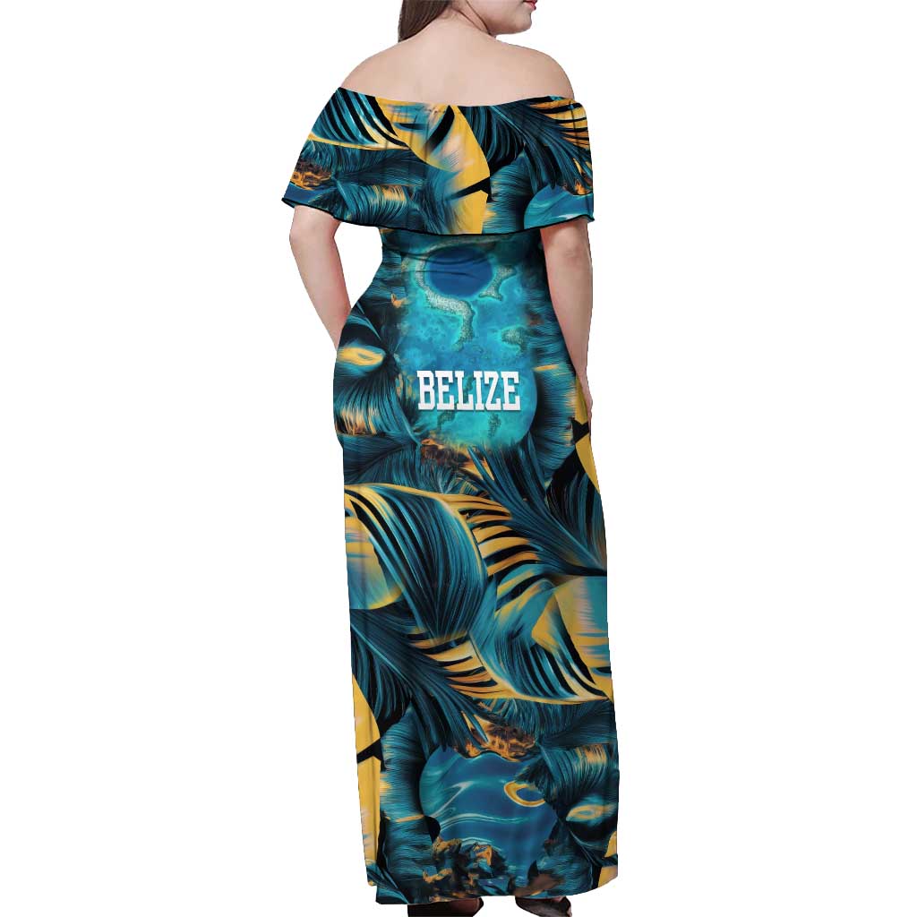 Belize Blue Hole Ocean View Off Shoulder Maxi Dress with Tropical Marine Design and Flag Detail