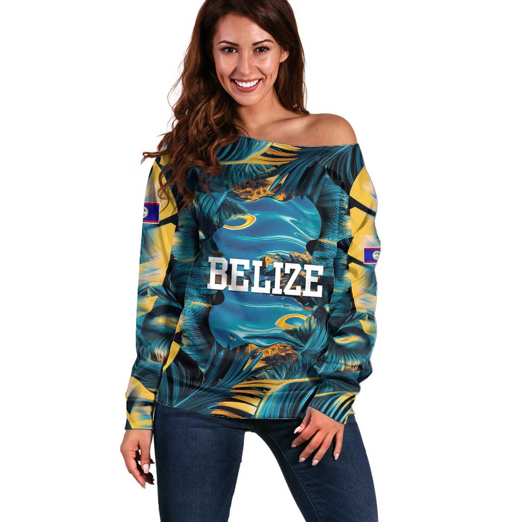 Belize Blue Hole Ocean View Off Shoulder Sweater with Tropical Marine Design and Flag Detail